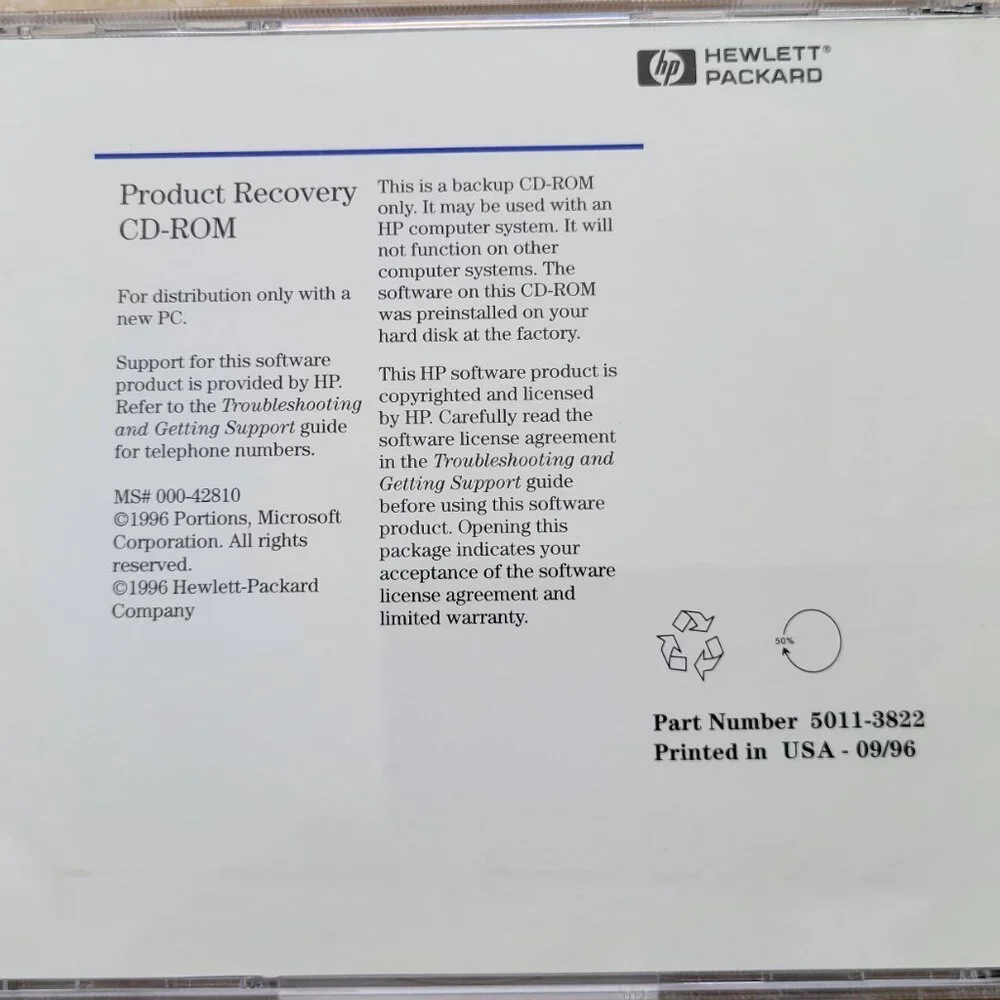 Vintage - HP Product Recovery CD-ROM for Vectra 500, 1996 Part Number: 5011-382